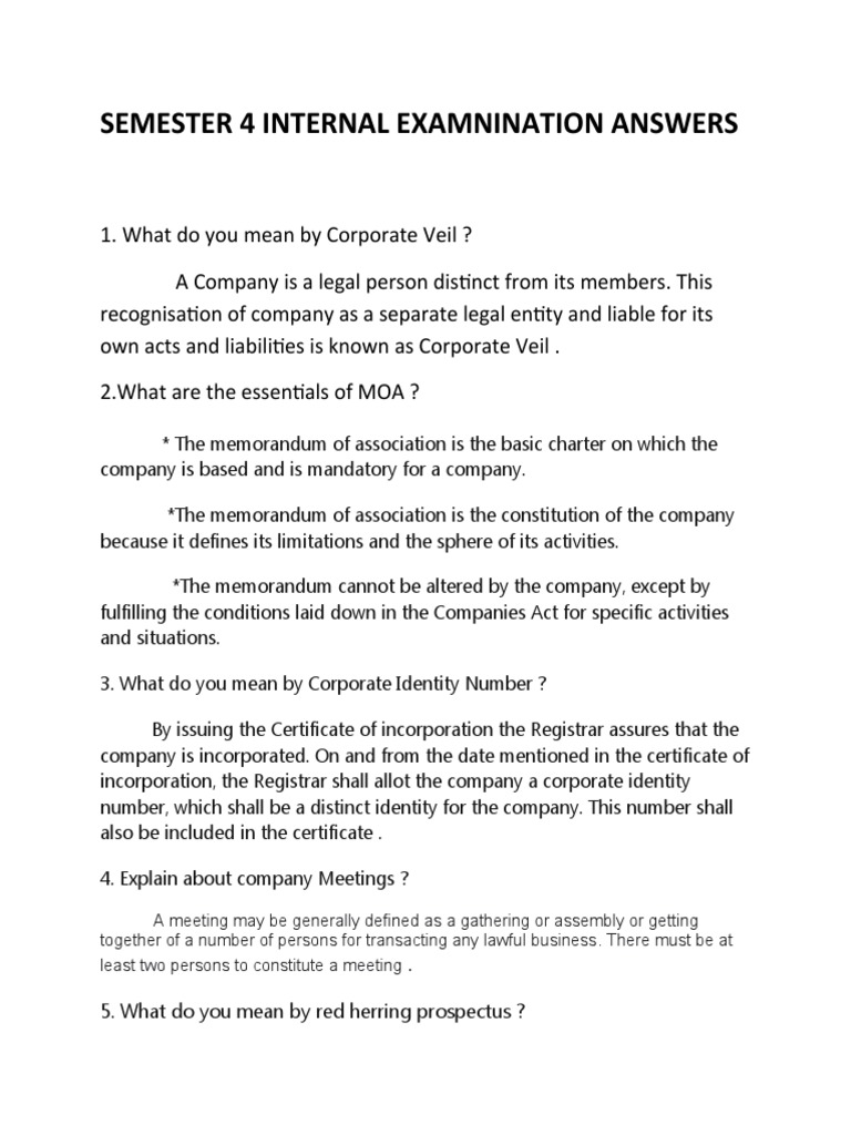 Semester 4 Internal Examnination Answers | PDF | Piercing The Corporate ...