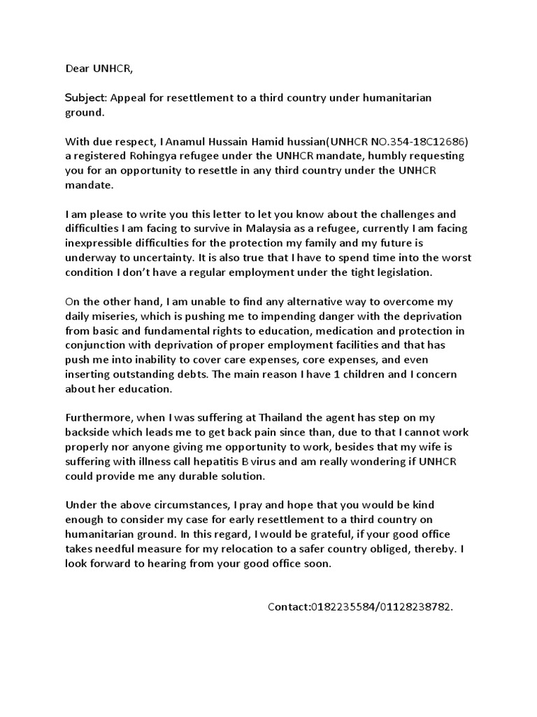 Humanitarian Resettlement Appeal Letter | PDF | Wellness