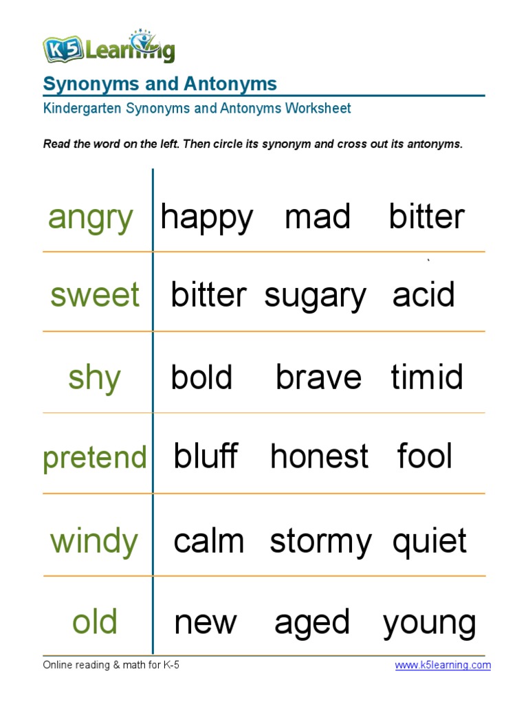 Kindergarten Synonyms Antonyms Circle Cross Words 6 | PDF
