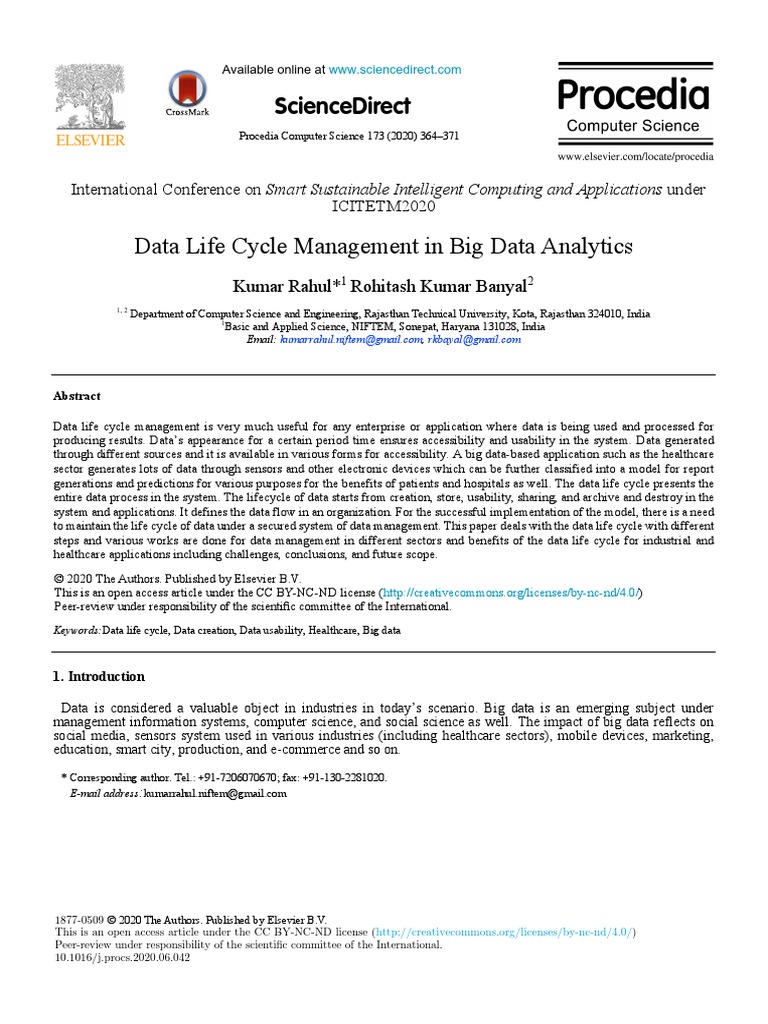 Rahul - Data Life Cycle Management in Big Data Analytics | PDF | Big ...