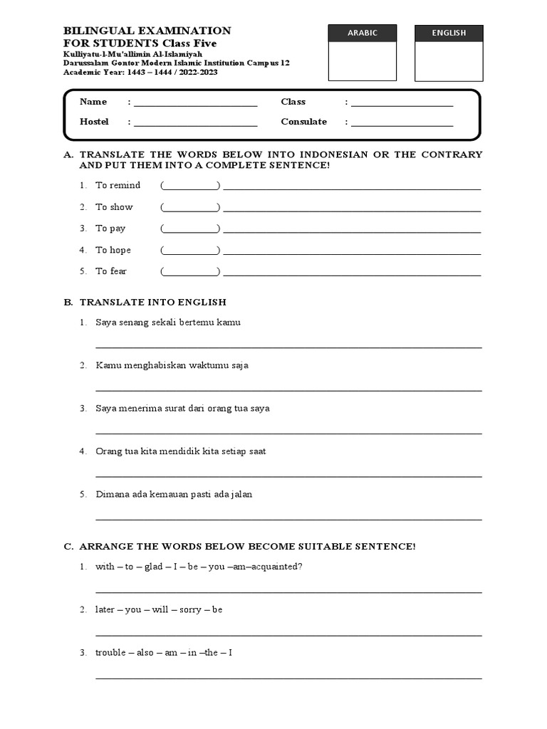 Bilingual examination for students class five pdf