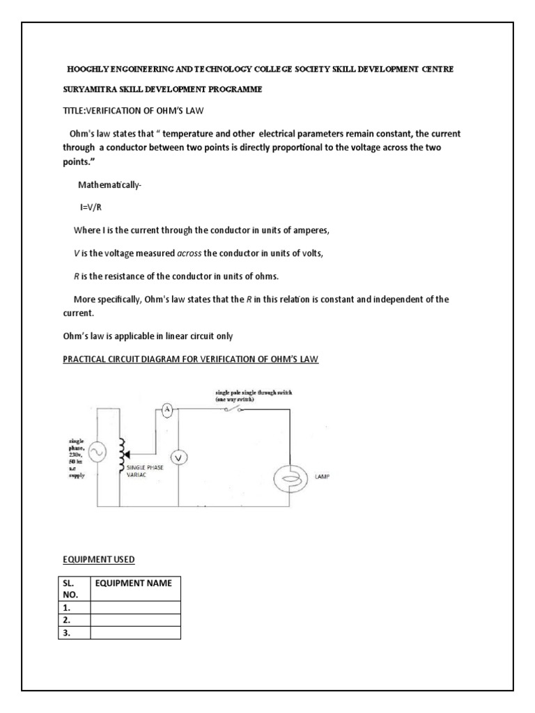Verification of Ohm's Law Experimental Determination of Resistance and