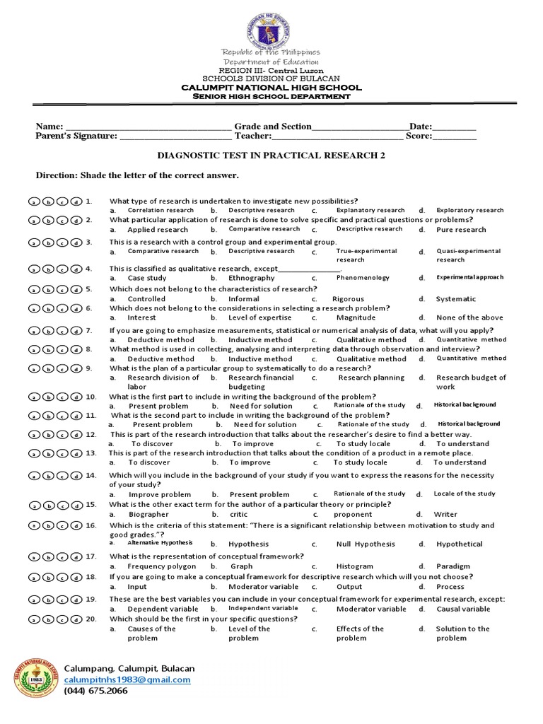 Diagnostic Test for Practical Research 2 | PDF | Survey Methodology ...