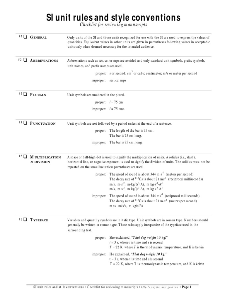 SI Unit Rules and Style Conventions PDF Parts Per Notation Molar