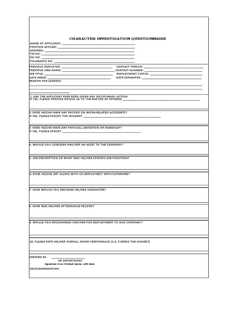 Employee Character Investigation Form | PDF | Business