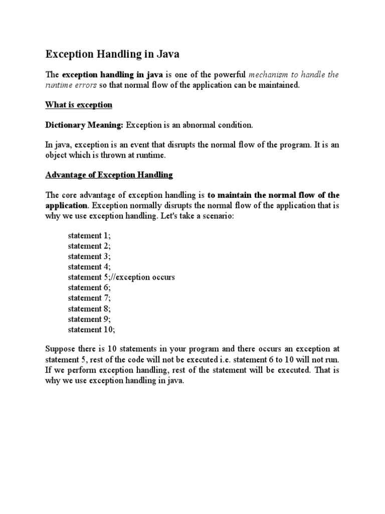 Exception handling in java runtime errors so that normal flow of the