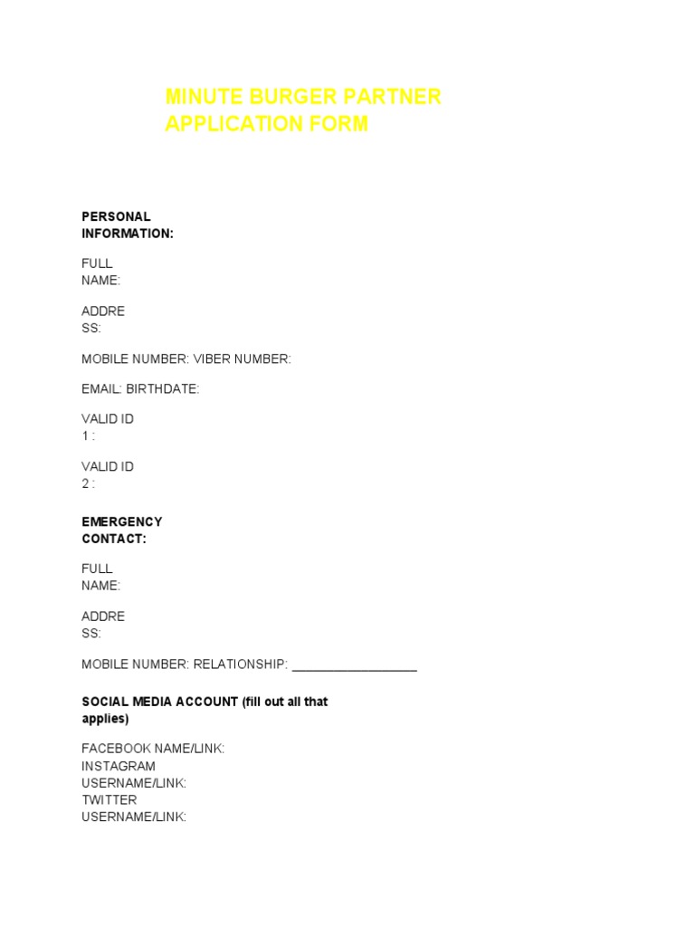 Minute Burger Partnership Application Form | PDF | Business | Service ...