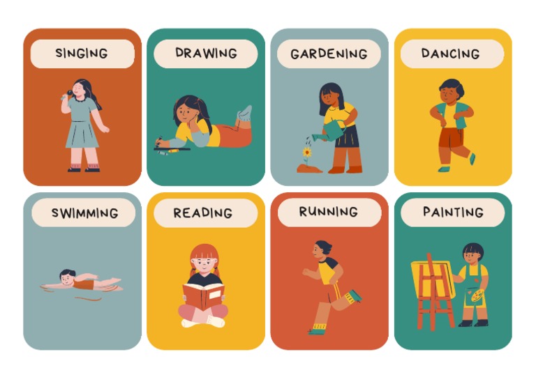 Colorful Illustrated English Hobbies Flashcards PDF