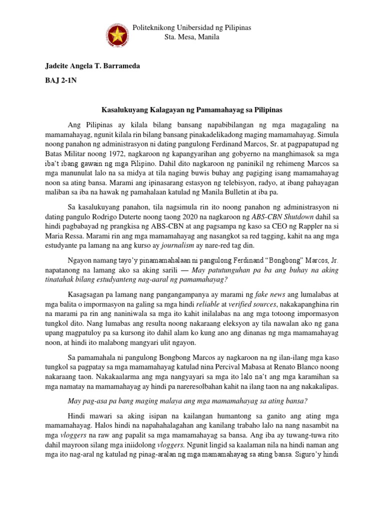  Midterms - Kalagayan NG Mamamahayag Sa Pilipinas 
