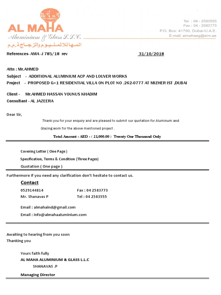 ACP Cladding Quotation for Dubai Villa | PDF | Glasses | Door