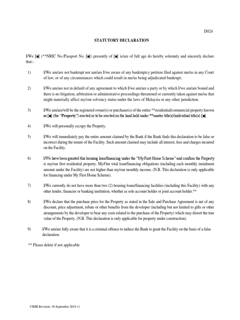 Statutory Declaration Eng PDF Bankruptcy Loans