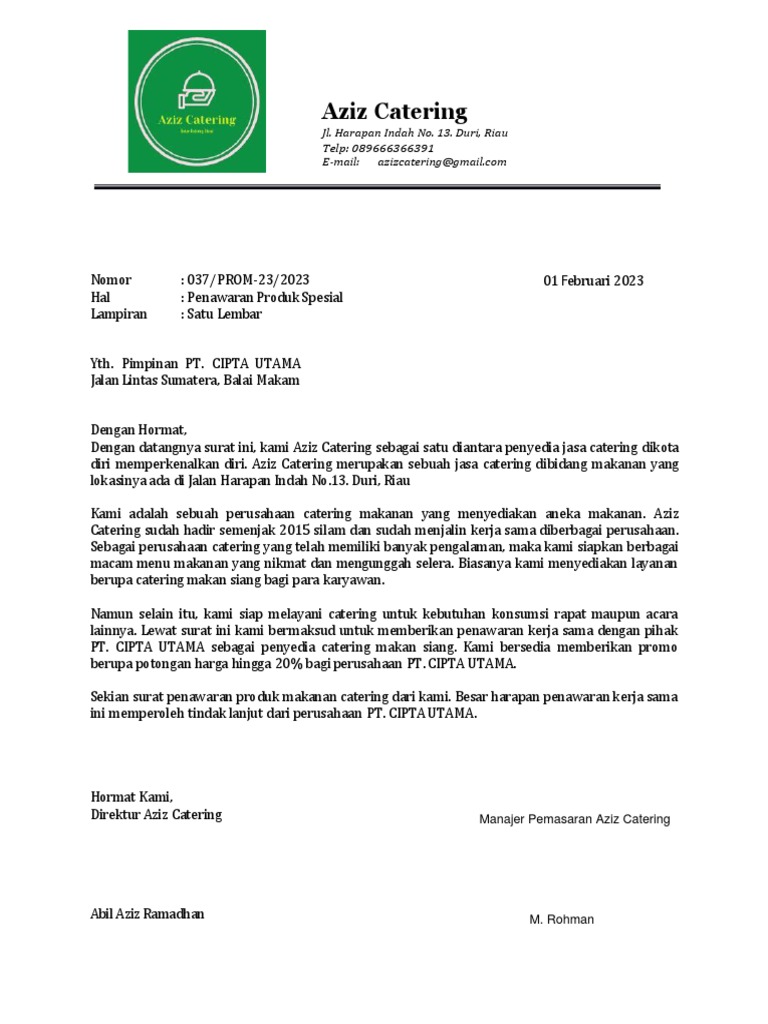 MENCAKUP PENGAJUAN PENAWARAN KERJA SAMA CATERING | PDF