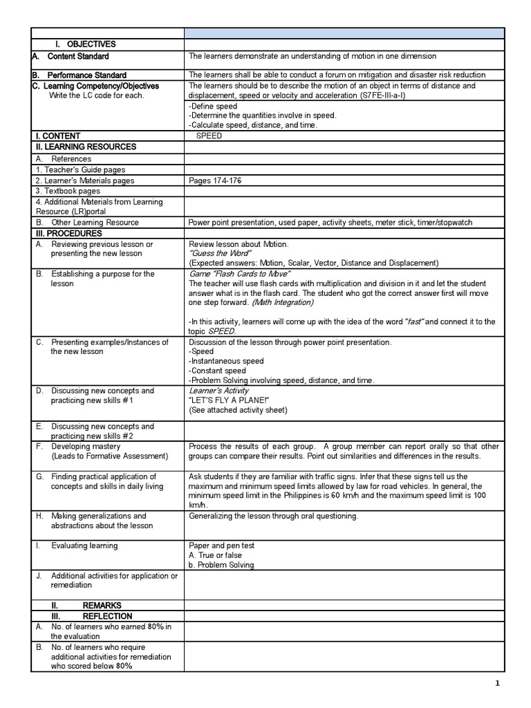 SPEED Lessonplan PDF Learning Cognition
