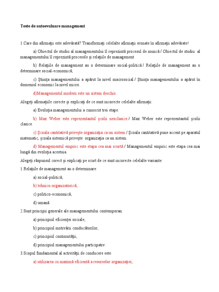 Teste de Autoevaluare Management | PDF
