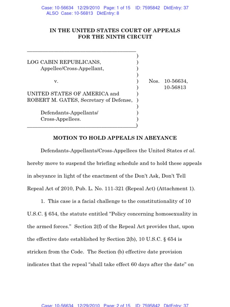 Motion to Hold Appeals in Abeyance | PDF | Don't Ask | Joint Chiefs Of ...