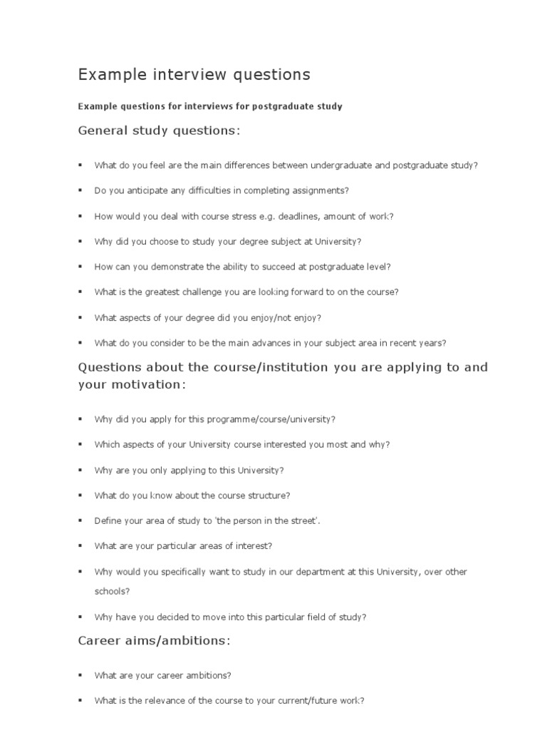 Example Interview Questions | PDF | Psychologist | Doctorate