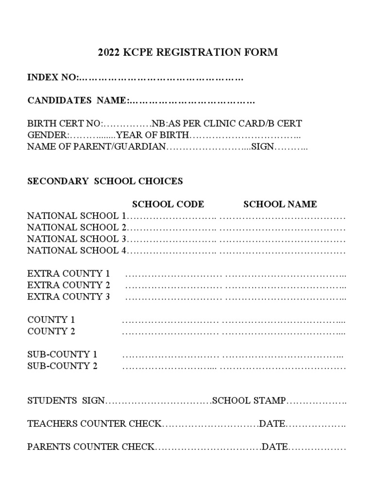 2022 Kcpe Registration Form PDF