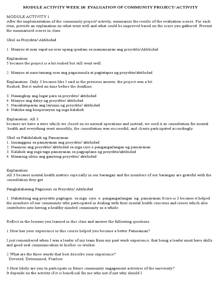 Module Activity Week 18 Evaluation of Community Project Activity | PDF ...