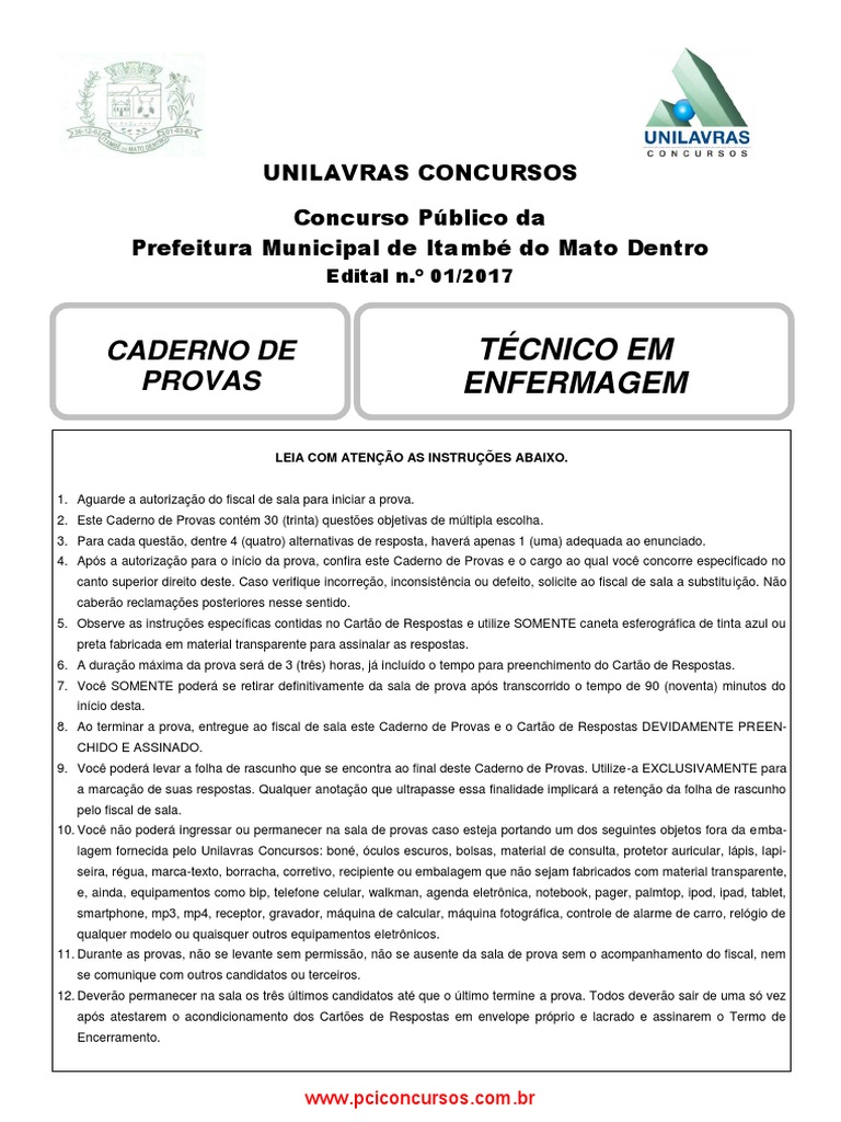 Provas de Técnico em Enfermagem | PDF | Histórico médico | Enfermagem