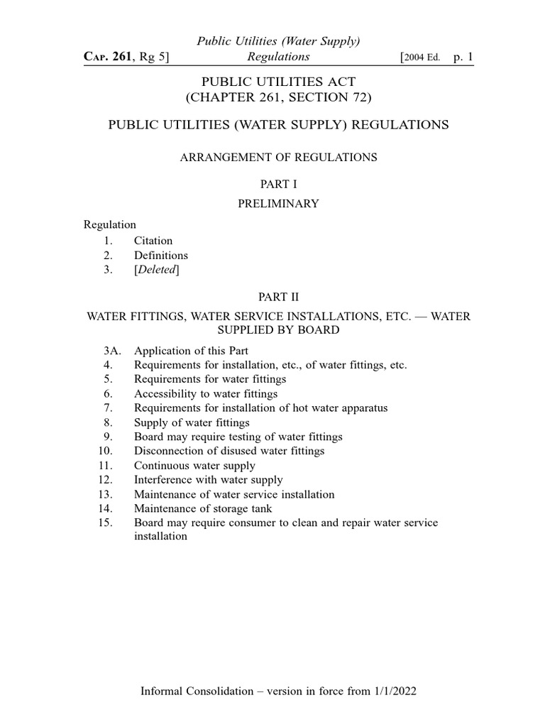 Public Utilities (Water Supply) Regulations PDF Water Supply Pipe