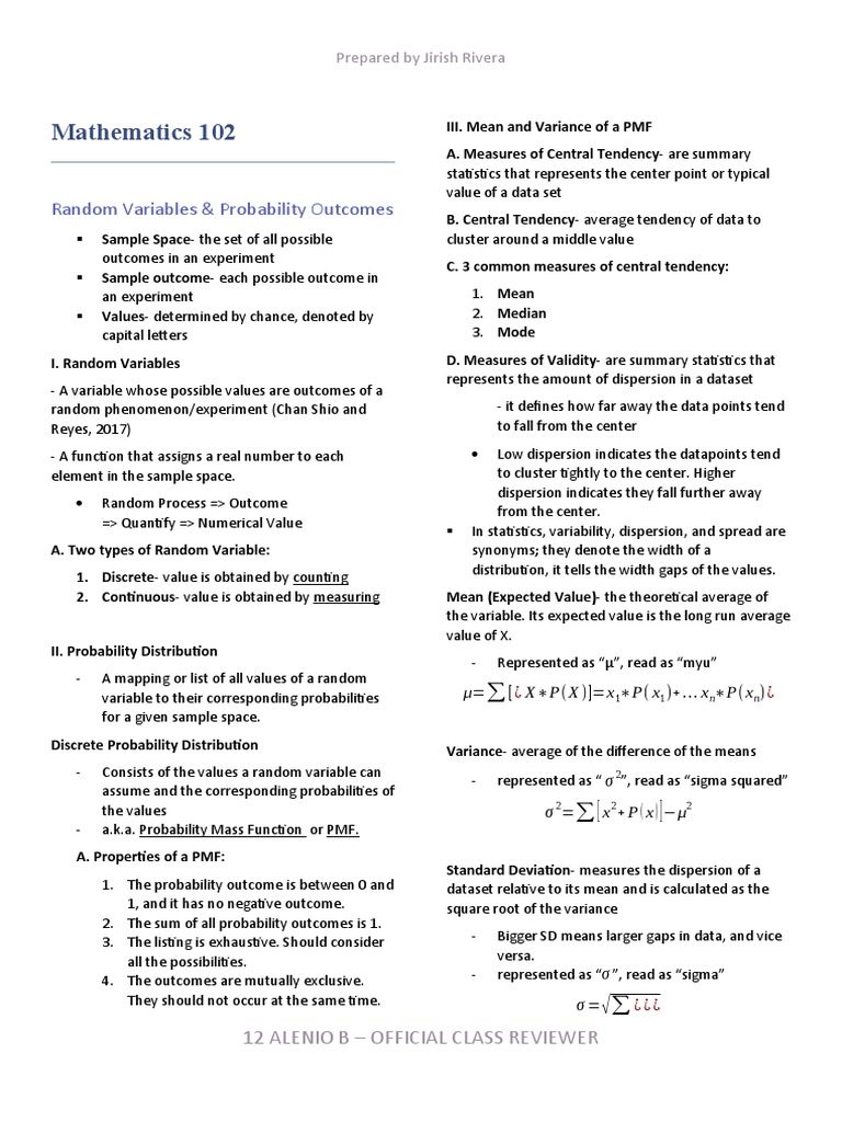 Math 102 Midterms Reviewer (With Mock Tests) | PDF | Standard Deviation ...