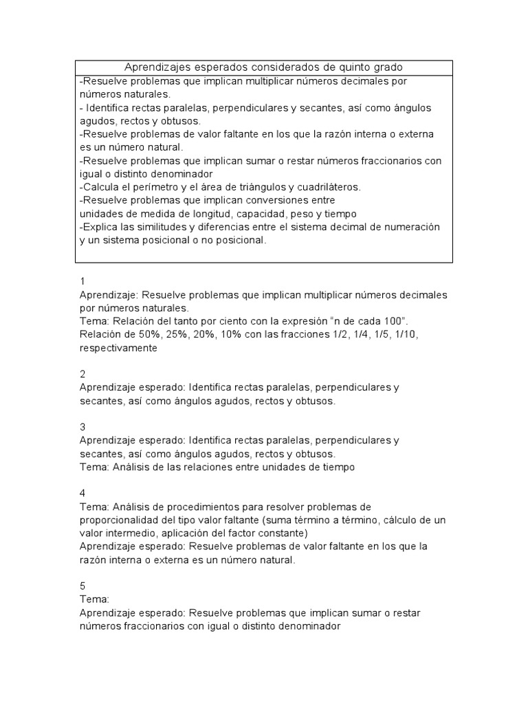 Aprendizajes Esperados Considerados de Quinto Grado PDF Ángulo