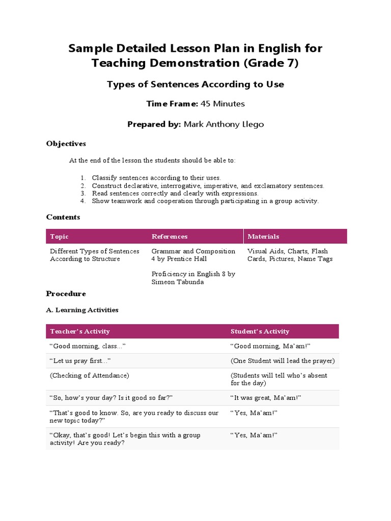 Sample Lesson Plan | PDF | Question | Sentence (Linguistics)