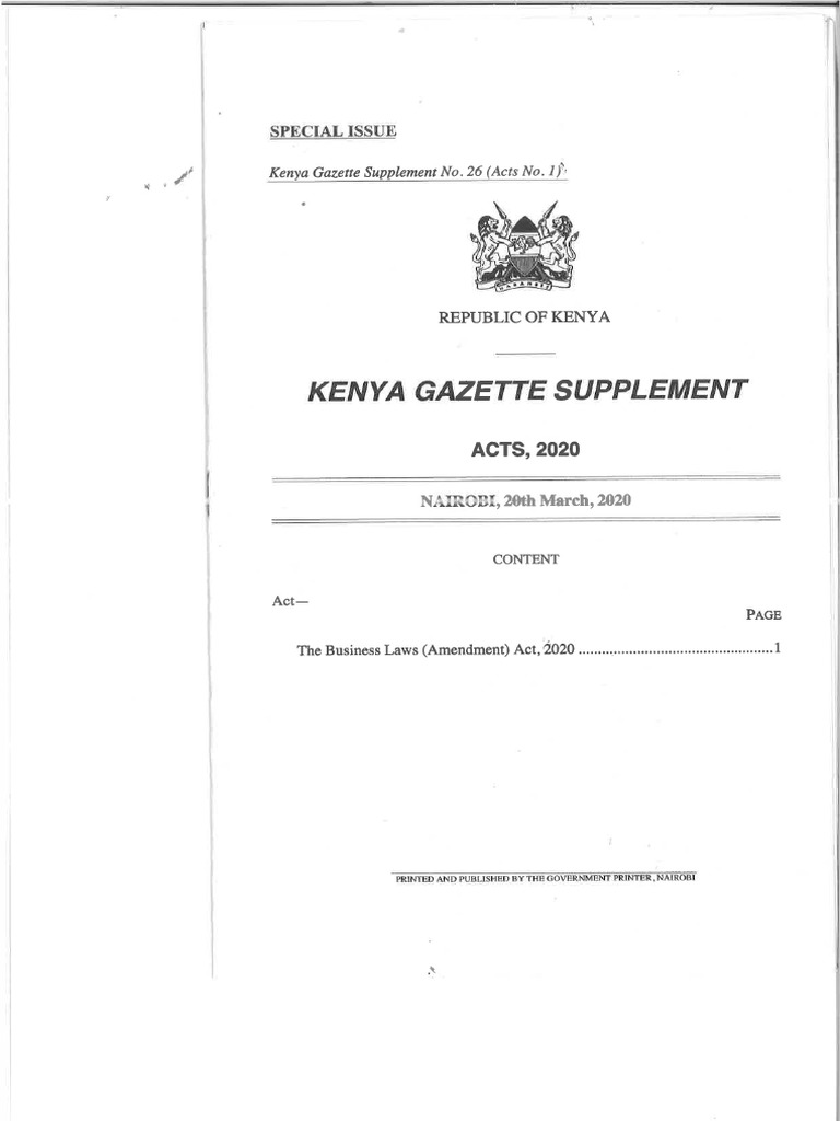 Kenya gazette supplement no 26 business laws amendmen t act 2020 pdf