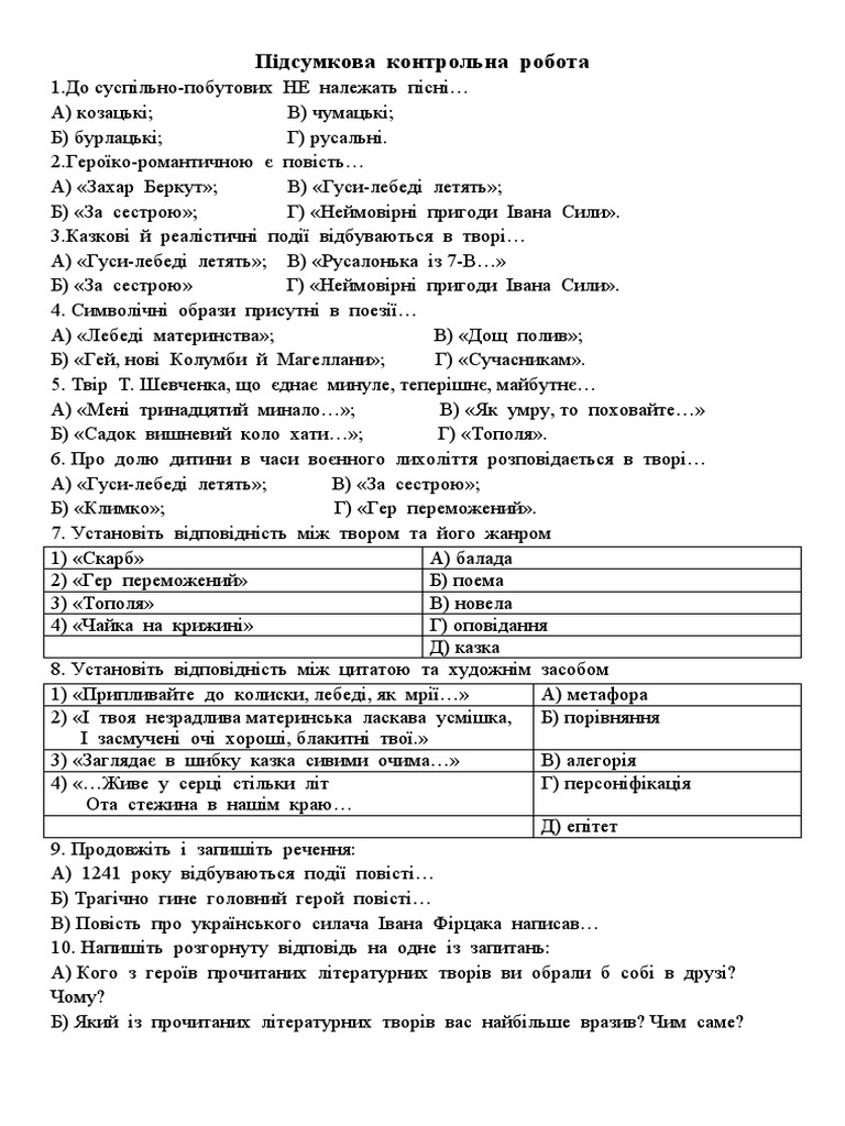 Підсумкова укр. літ. 7 клас | PDF