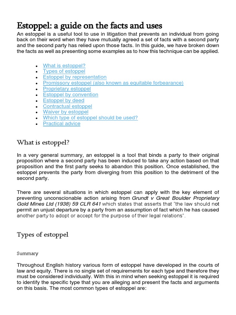 Estoppel A Guide On Facts and Uses PDF Estoppel Contract Law
