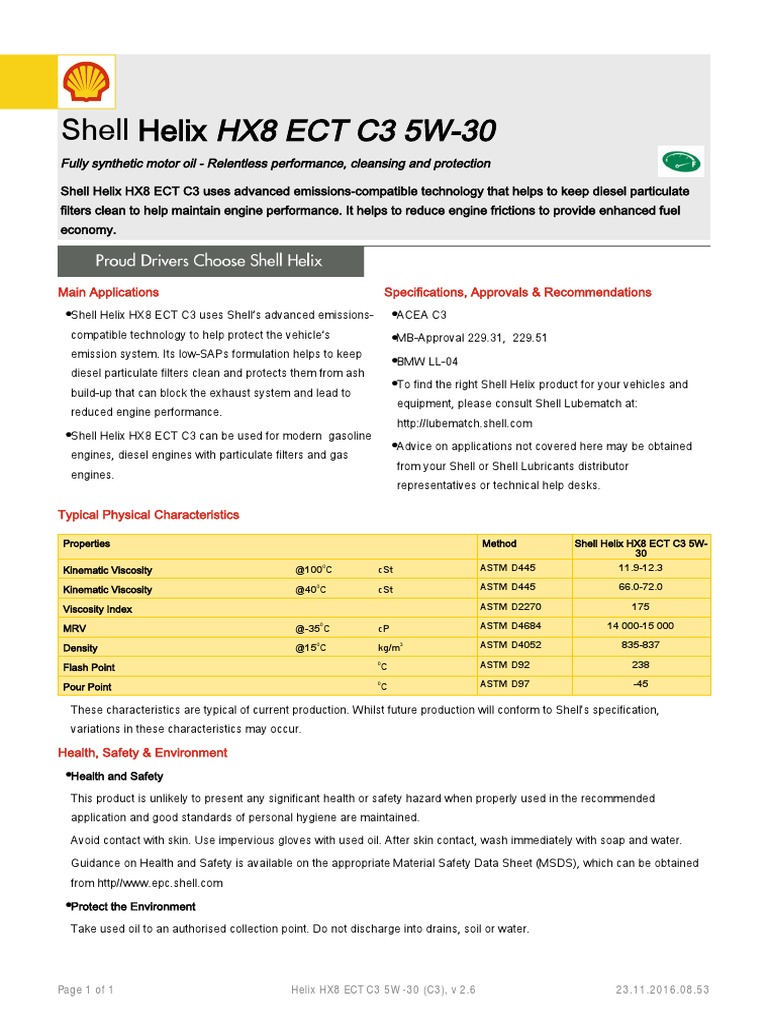 Shell Helix HX8 ECT C3 5W-30 Overview | PDF | Motor Oil | Physical Sciences