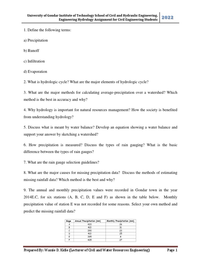 Engineering Hydrology Assignment One Pdf Science Mathematics