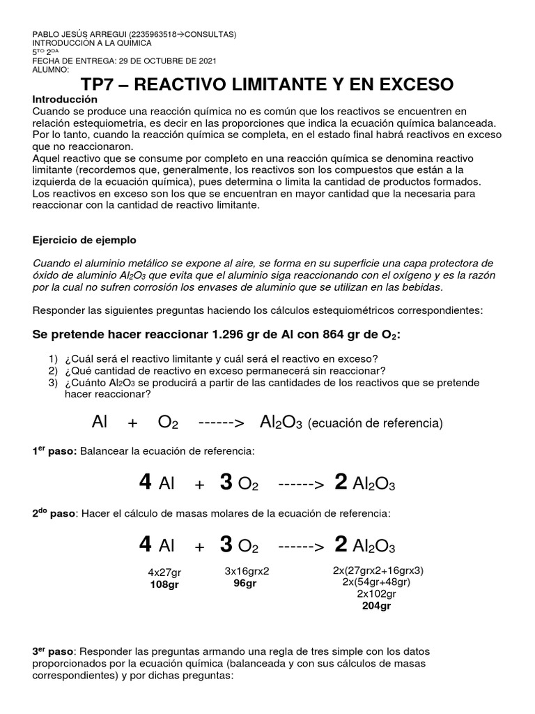 Int a la qu mica de 5to tp7 reactivo limitante y en exceso 2021