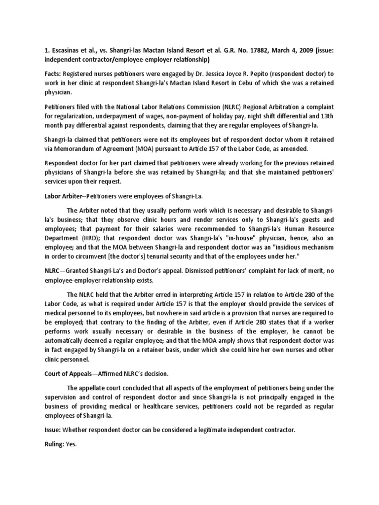 Labor 1 Cases PDF Employment Wage