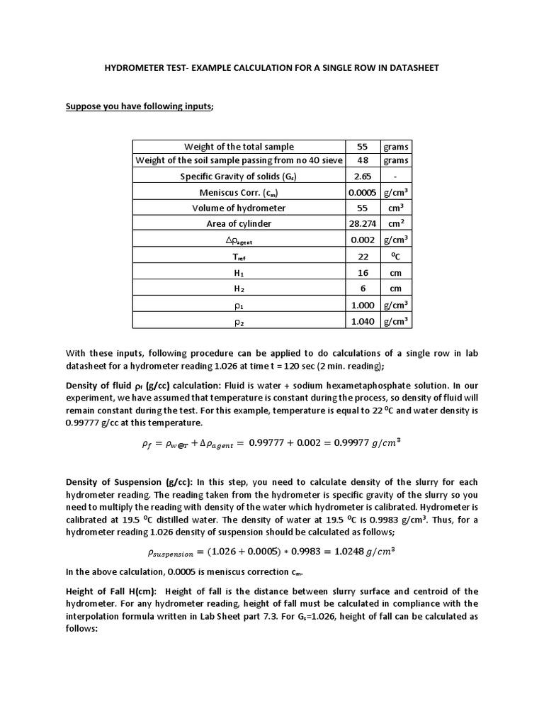 Hydrometer Single Row Example v2 PDF Density Physical Sciences