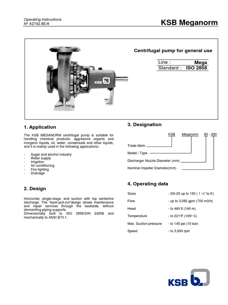 KSB Meganorm Centrifugal Pump Manual | PDF | Pump | Bearing (Mechanical)