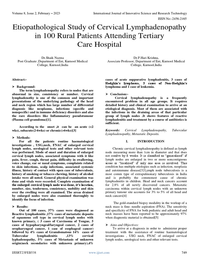 Cervical Lymphadenopathy Study in Rural Patients | PDF | Head And Neck ...