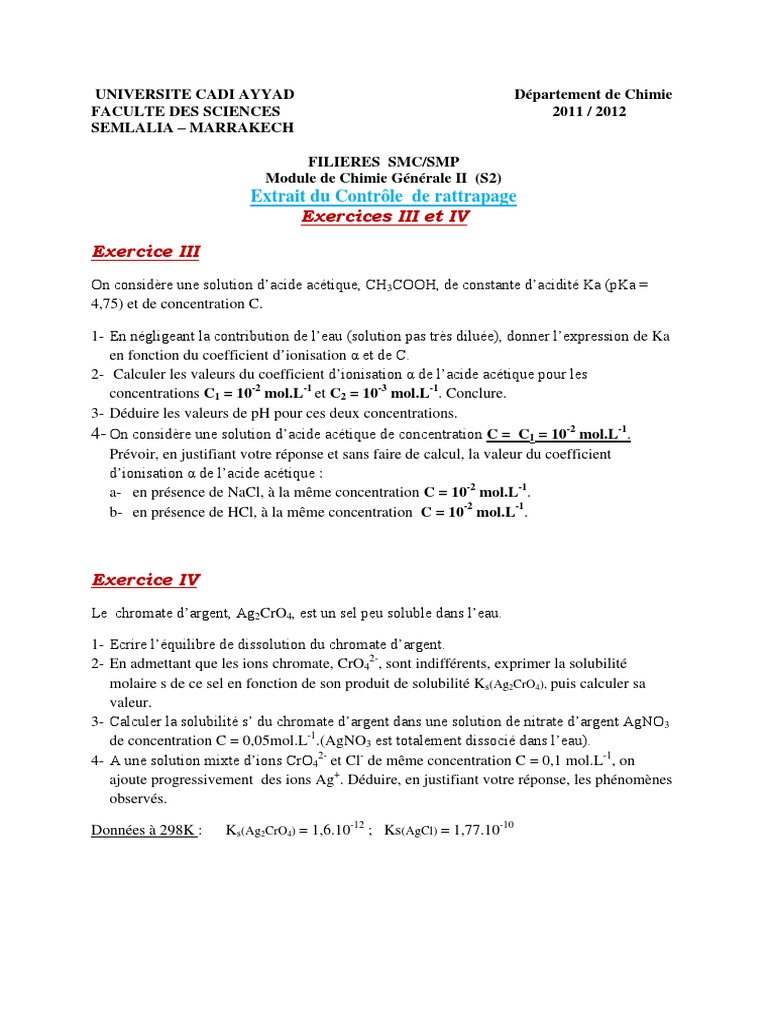 Corrigé Examen Chimie des Solutions S2 | PDF | Dissociation (chimie ...