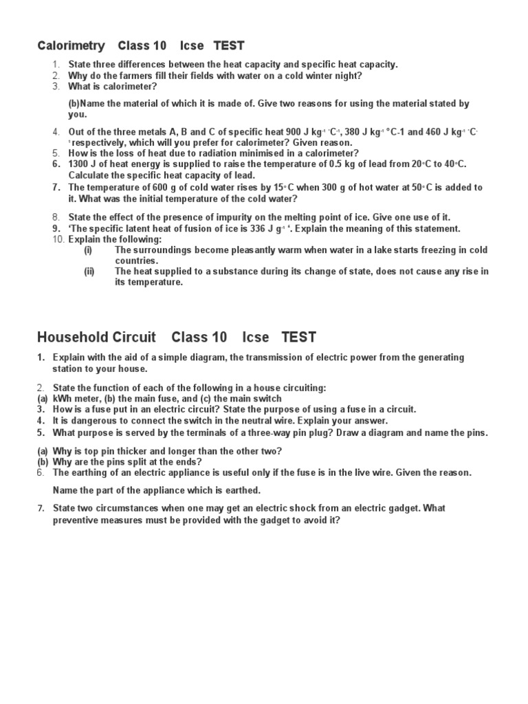 Calorimetry Class 10 Icse TEST PDF Heat Water