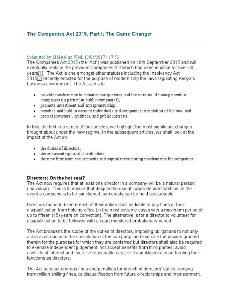 The Companies Act 2015 PDF Board Of Directors Corporations