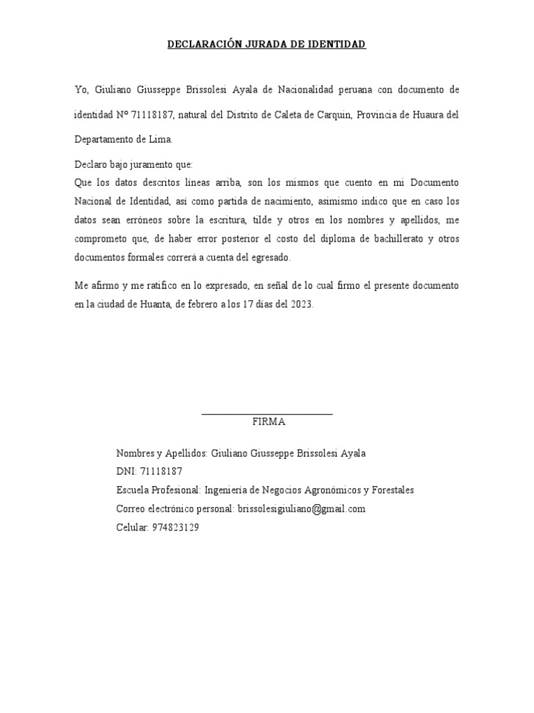 Declaración Jurada de Identidad Perú | PDF | Derecho