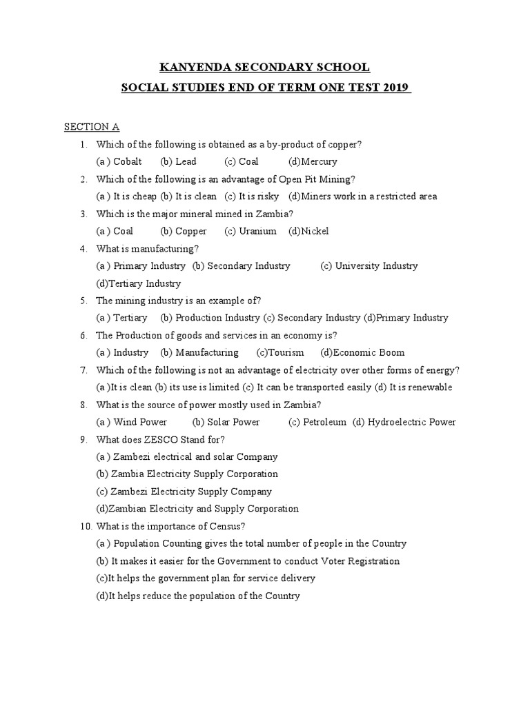 G9 Social Studies Test T1 2019 MR Mwanamonga PDF Mining Zambia