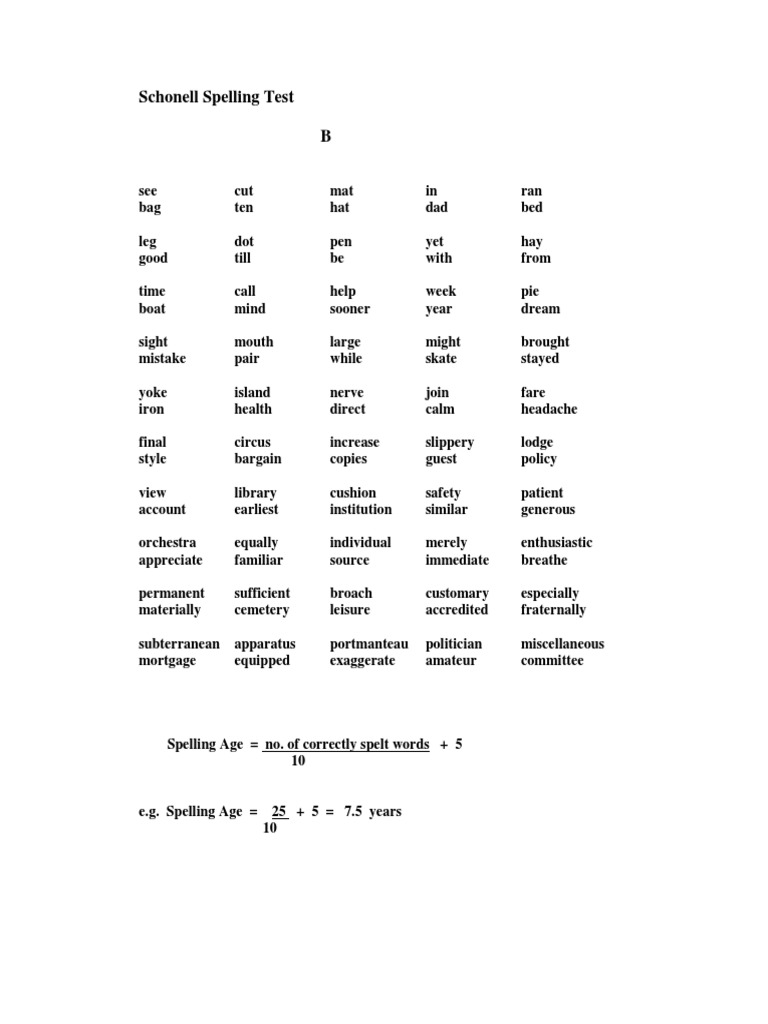 Schonell Spelling Test With Instructions | PDF