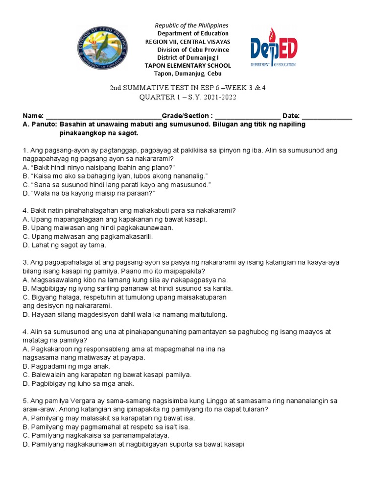 Esp 2ND Summative Test Q1 | PDF