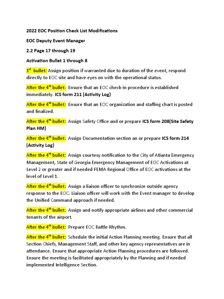 2022 EOC Position Checklist Updates | PDF | Incident Command System ...