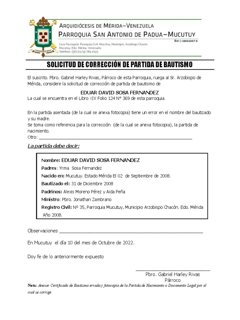Correccion de Partida de Bautismo PDF Bautismo Sacramentos