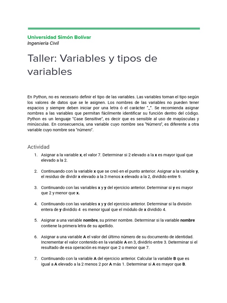Taller sobre Variables en Python | PDF | Variable (informática ...