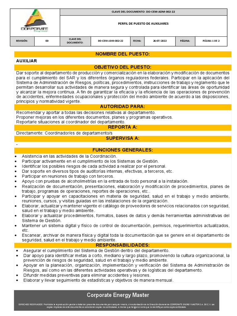 Perfil de Puesto: Auxiliar Administrativo | PDF | Seguridad y salud ...