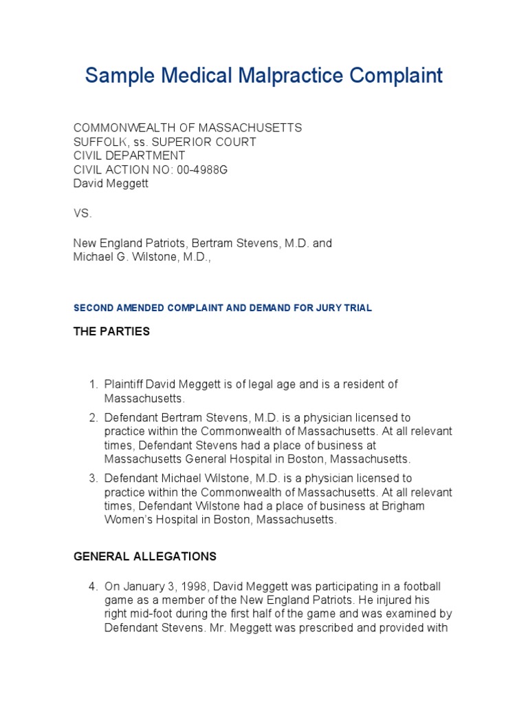 Medical Malpractice Complaint Example | PDF | Negligence | Damages