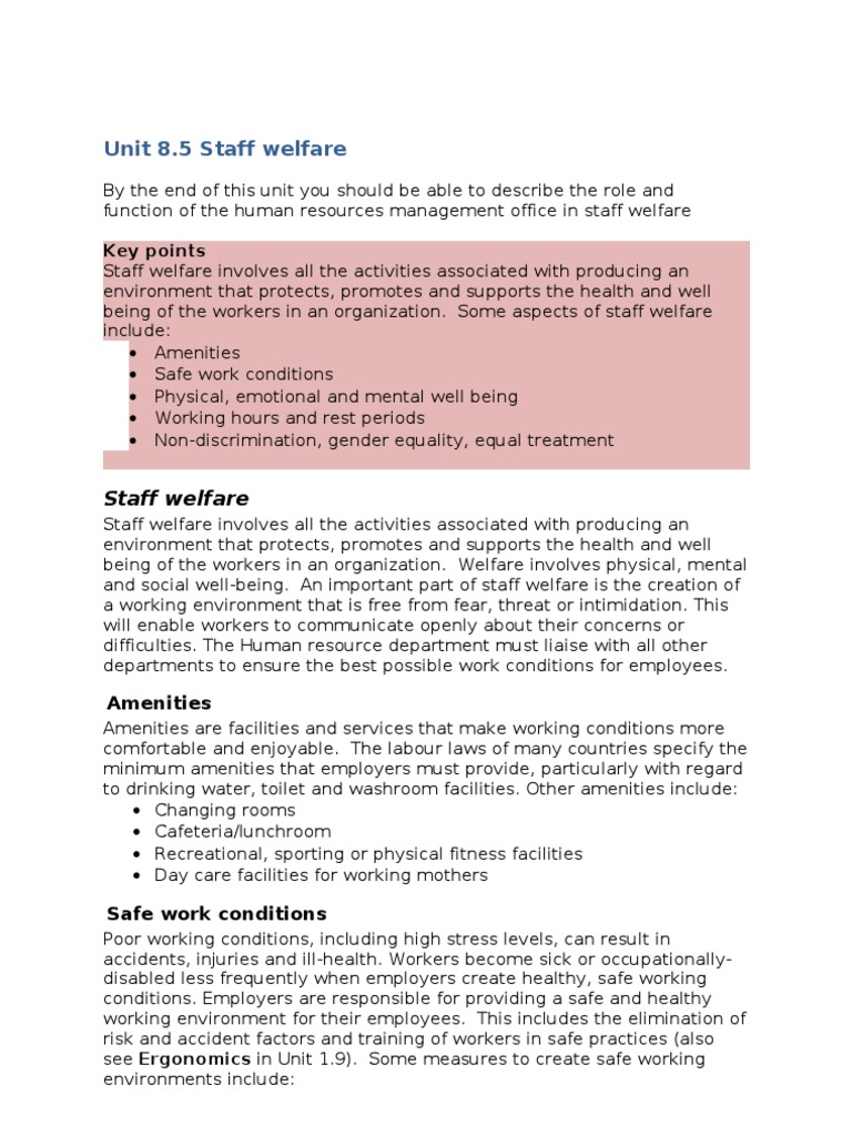 8 5 Staff Welfare Occupational Safety And Health Well Being Free
